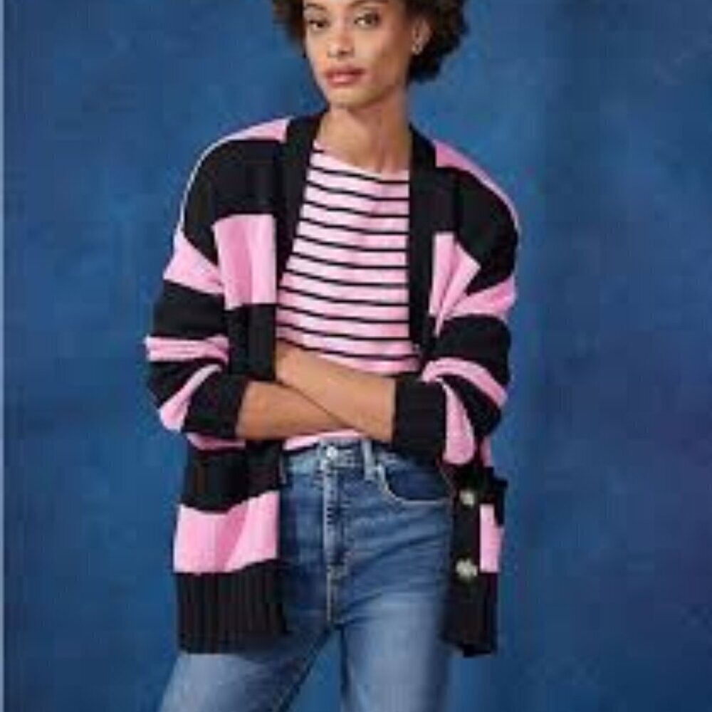 LOFT PETITE Striped Relaxed V Neck Pocket Cardigan PINK NAVY STRIPED OVERSIZED